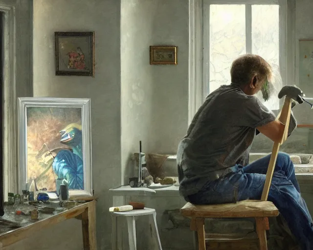 Prompt: an exhausted painter in his studio painting a picture of a pepe the frog - key lighting, soft lights, foggy, by steve hanks, by lisa yuskavage, by serov valentin, by tarkovsky, 8 k render, detailed, oil on canvas