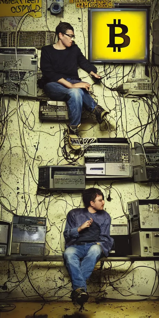 Image similar to typical cryptocurrency nerd, sitting in front of old 9 0's computer, prominent yellow bitcoin poster on wall, shilling, crt tubes, cables everywhere, damp basement decay fat and dirty, scruffy looking, claustrophobia, humidity mold, award - winning photomanipulation