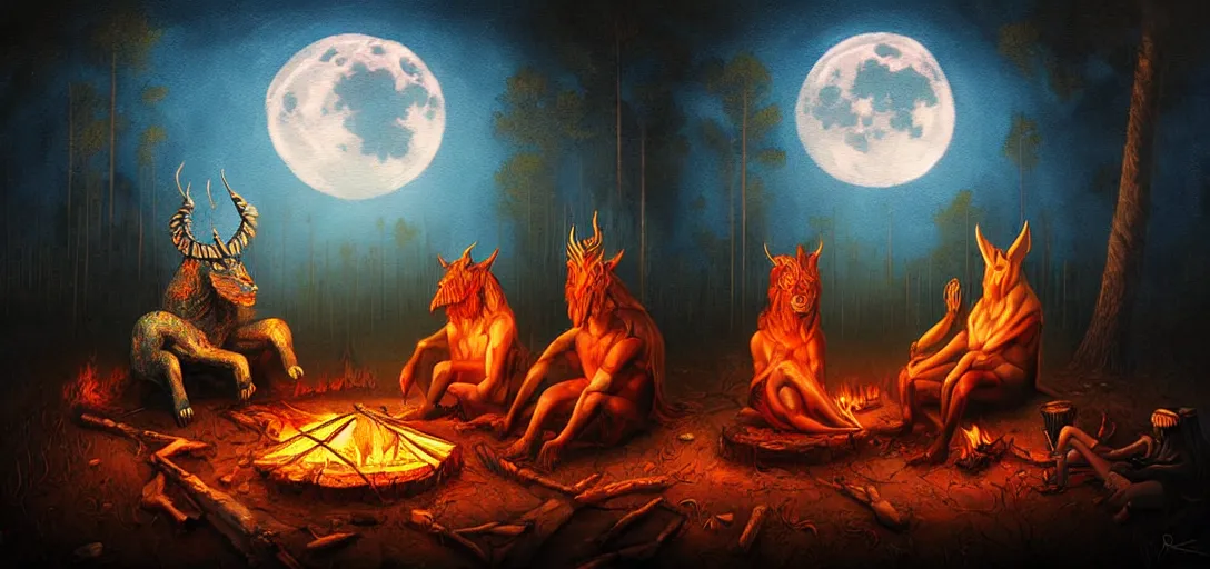 Image similar to strange mythical beasts of sitting around a fire under a full moon, surreal dark uncanny painting by ronny khalil