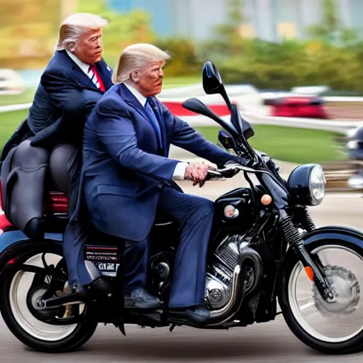 Prompt: joe biden and donald trump riding two seater on a motorcycle bike together, photorealistic, detailed