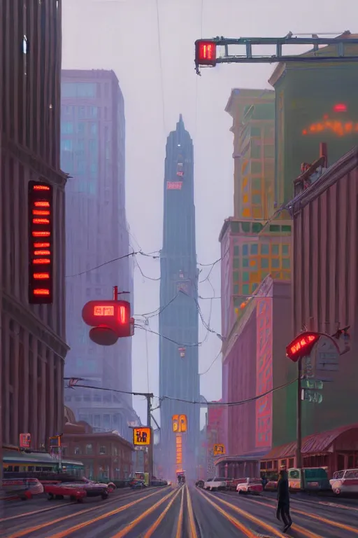 Prompt: Market Street, San Francisco; oil on canvas by Klaus Bürgle and Simon Stålenhag;