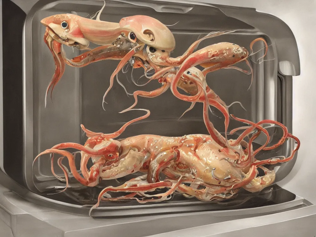 Prompt: a perfect hyperrealist painting of a creature. part man, part squid, being compressed into a domestic microwave oven. screaming and panic. fine art, gallery lighting, solemn, and exquisite