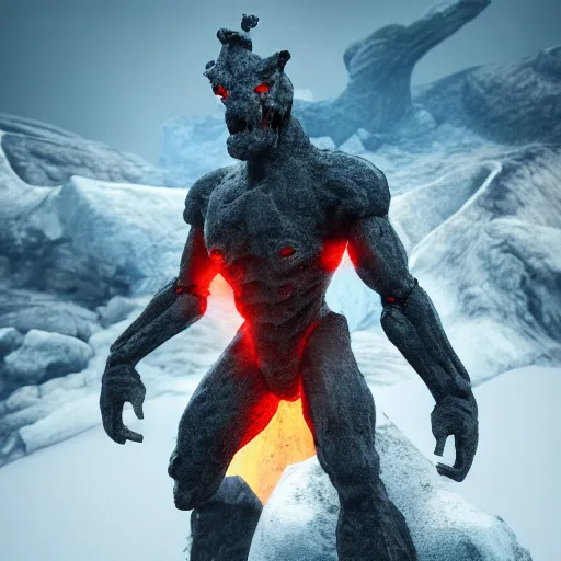 Prompt: a lava man on a winter biome outraging to the camera, cinematic, artistic, cool pose, heatwave, fantasy, hyper realism, behance, artstation, unreal engine 5, octane, deviantart