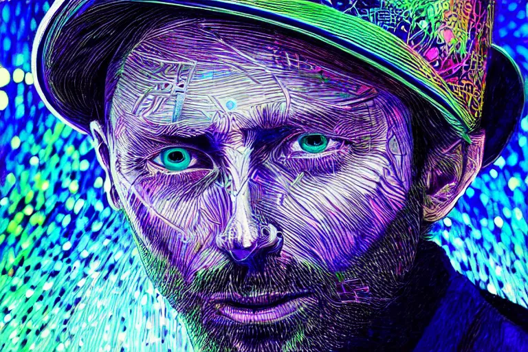 Image similar to A portrait of Thom Yorke as a cyberpunk wearing a bowler hat, iridescent highlights, surrounded by digital swirls, highly detailed, intricate, soft, sci-fi, sharp focus, glowing lines, art by artgerm and jean giraud