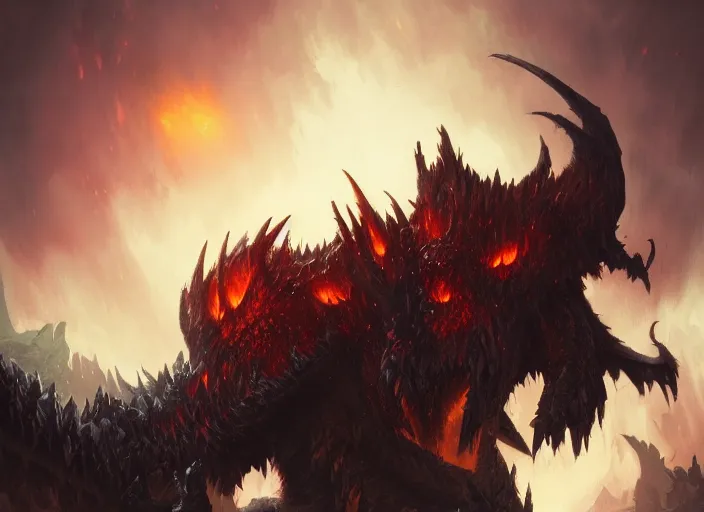 Image similar to deathwing from world of warcraft tearing the world apart by his claws by greg rutkowski, trending on artstation