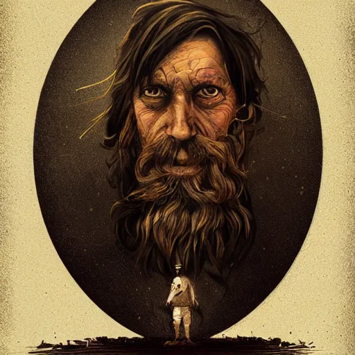 Image similar to full-body portrait of a majestic hobo, brown and gold, rags, beard, missing teeth, by Anato Finnstark, Tom Bagshaw, Brom