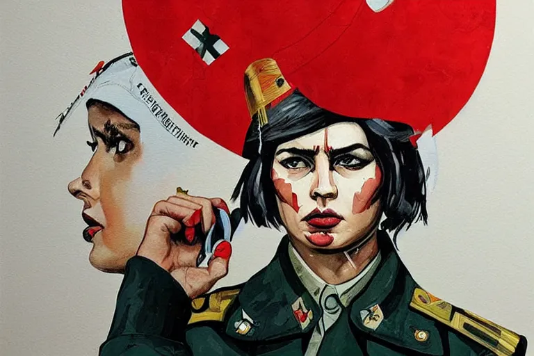 Prompt: a sad female soviet soldier, art by Sandra Chevrier