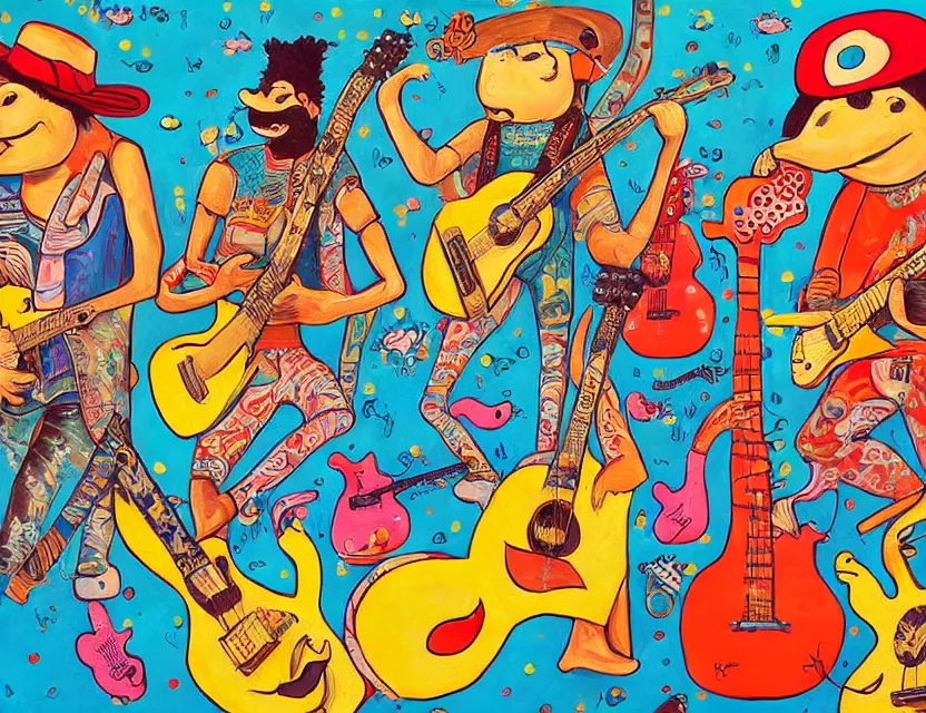 Prompt: a detailed painting of a concert by bananas with guitars while the gold fishes are stoned and smiling in the sky in the style of artist James Jean