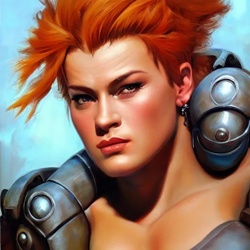 Image similar to detailed portrait of zarya from overwatch, intricate, hyper detailed, realistic, oil painting, by julie bell, frank frazetta, cinematic lighting