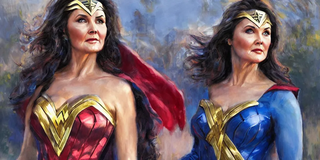 Image similar to portrait of Lynda Carter as Wonder Woman in the morning sun, Danile Gerhartz, oil painting