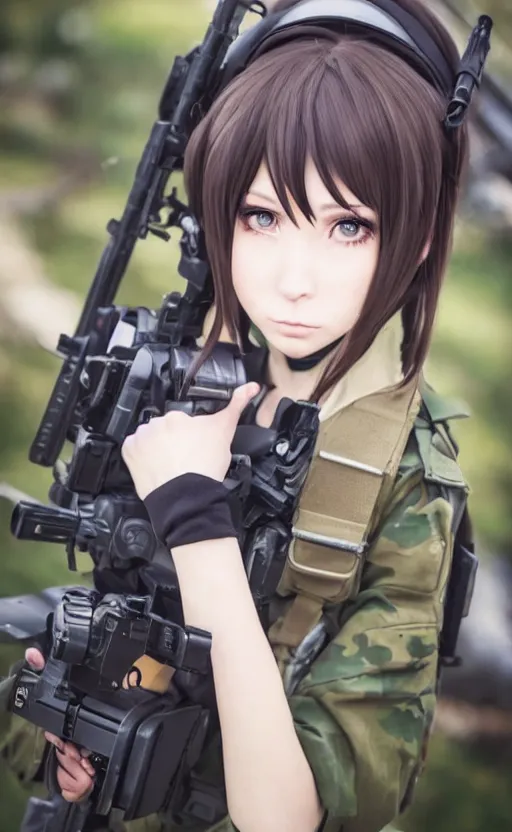 Image similar to portrait photo, highly detailed, high resolution, cosplay photo, stunning, girls frontline style, bokeh soft, 100mm, trending on instagram, by professional photographer, realistic human anatomy, real human faces, realistic military carrier, soldier clothing, modern warfare, realistic weapon, shot with a arriflex 35 ii, low saturation, small human eyes