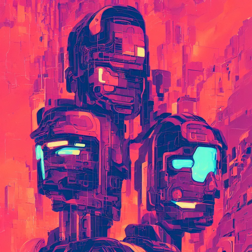 Image similar to a graph - style gouache impasto huge robot head, cyberpunk art by by james gilleard, katsuhiro tomo, cgsociety, retrofuturism, synthwave, retrowave, outrun