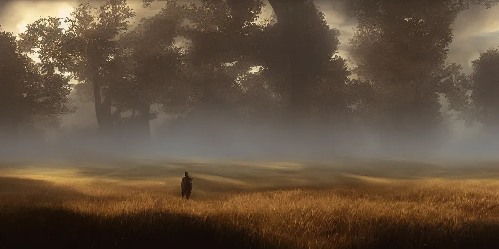 Image similar to still frame from the lost 1 9 9 6 workprint of star wars in tudor england, han solo, trees, hills, thick heavy fog, sunset, golden hour, blue hour, three suns, dramatic cloud filled sky, by quentin tarantino, stanley kubrick, gerald brom, greg rutkowski, photo realism, unreal engine, c 4 d ”