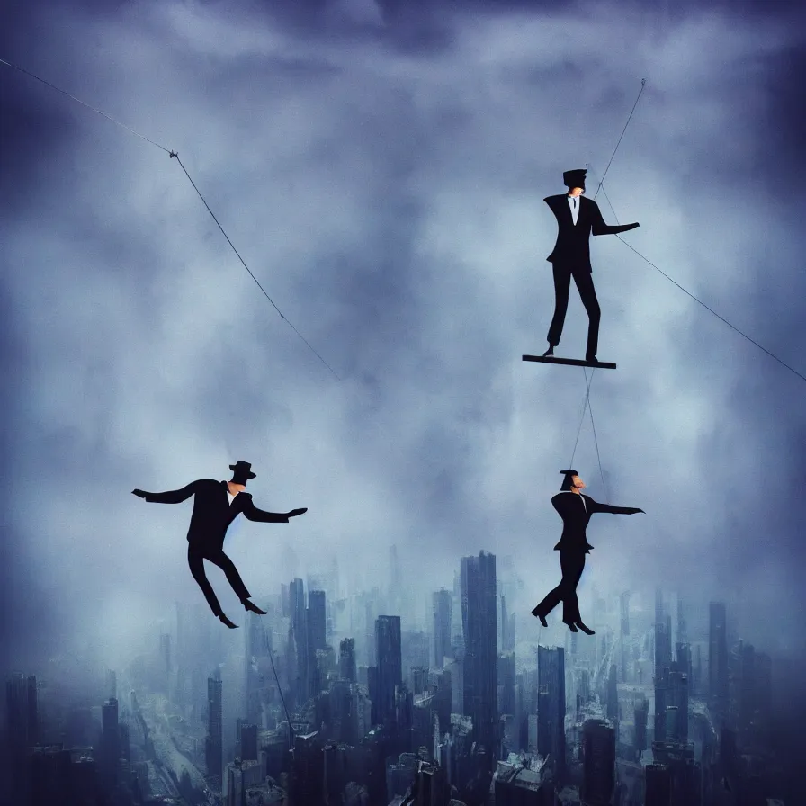 Prompt: metaphysical surrealism artwork of a tightrope walker accidentally falling down into a city full misty skyscrapers surrounded by dark stormy clouds. black, dark blue and indigo colour scheme.