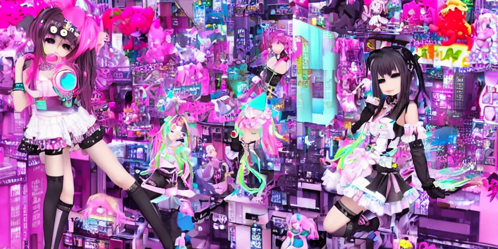 Image similar to 3 d anime render of a decora gyaru kawaii cybergoth emo fashion model vtuber, in a cyberpunk blade runner maximalist city of my melody sanrio plushies, wlop artstation imaginefx