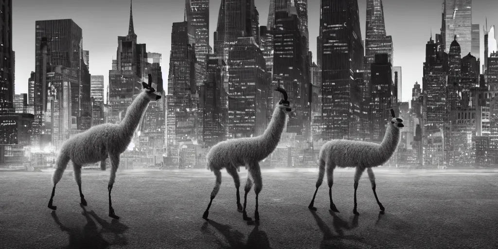 Prompt: a llama walking away towards a desolate manhattan city street at night, statue of liberty seen in the background, realistic 4 k octane beautifully detailed render, 4 k post - processing, highly detailed, detailed face, intricate complexity, epic composition, magical atmosphere, cinematic lighting, masterpiece, color picture, ultra hd