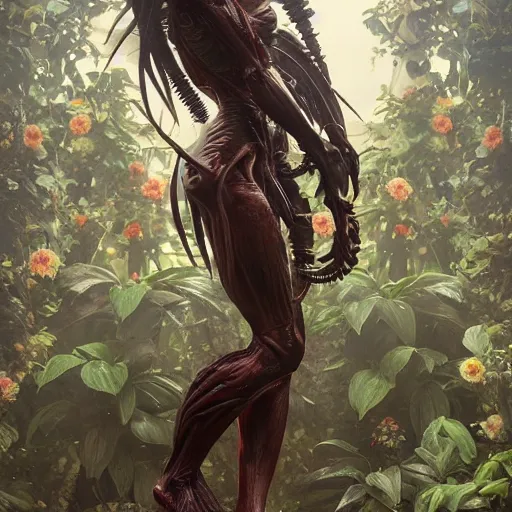 Prompt: a xenomorph made of flowers, art by artgerm and greg rutkowski and alphonse mucha, concept art, octane render, unreal engine 5, highly detailed, high quality, 8 k, soft lighting, path traced