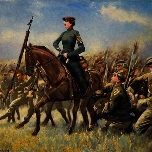 Image similar to action heroine leading a ww 1 army, by alfred stevens