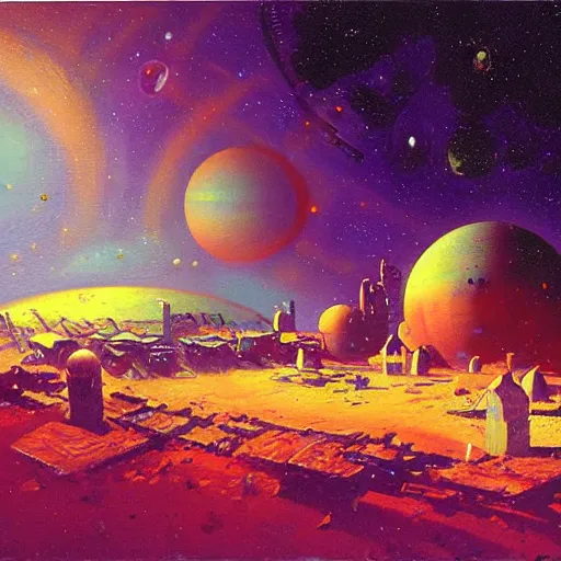 Prompt: a village on saturn by paul lehr,