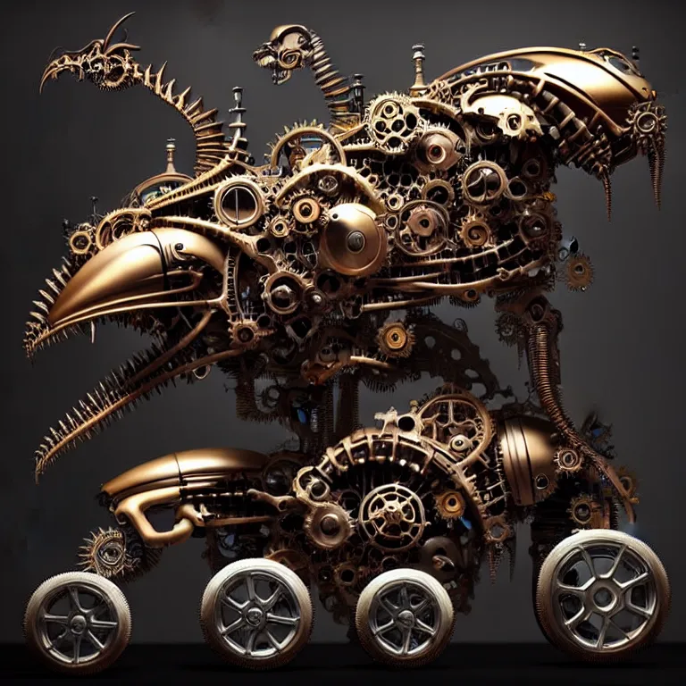 Prompt: biomechanical shiny steampunk vehicle reminiscent of fast sportscar with robotic parts and (glowing) lights parked in ancient lush palace, gothic and baroque, brutalist architecture, ultradetailed, creepy ambiance, fog, artgerm, giger, Intricate by Ellen Jewett and Josan Gonzalez and Giuseppe Arcimboldo