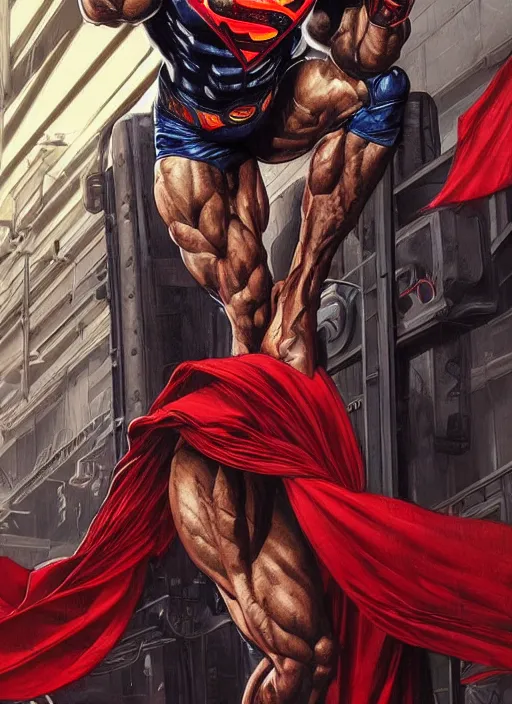 Image similar to portrait of crossfit bodybuilder fitness sprinter superman!, futuristic detailed ornate cyberpunk costume!, red and black costume!!!, pale skin!, no logo!!!, painted art by tsuyoshi nagano, greg rutkowski, artgerm, alphonse mucha, spike painting