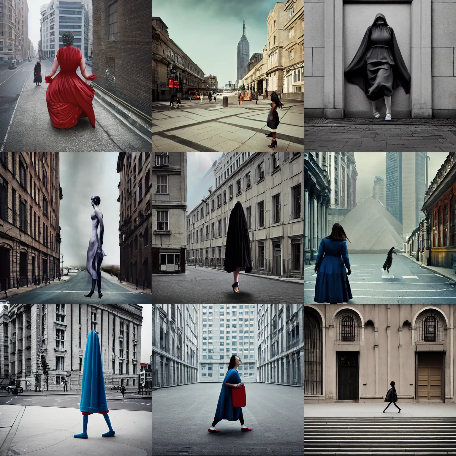Prompt: Giant woman walks through a city, photography by Julia Fullerton-Batten