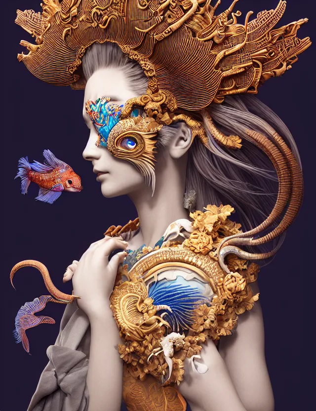 Image similar to 3 d goddess close - up profile portrait with crown, ram skull. beautiful intricately detailed japanese crow kitsune mask and clasical japanese kimono. betta fish, jellyfish phoenix, bio luminescent, plasma, ice, water, wind, creature, artwork by tooth wu and wlop and beeple and greg rutkowski