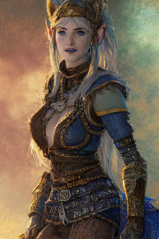 Image similar to alluring highly detailed matte close-up portrait of beautiful elf Shani (from Witcher 3) wearing chesty chainmail bikini and a blue cloak, very detailed, realistic, manga, pen and ink, by Stanley Artgerm Lau, greg rutkowski, thomas kindkade, alphonse mucha, loish, norman rockwell J.