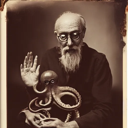 Prompt: spooky old man with an octopus on his lap, vintage photograph, atmospheric