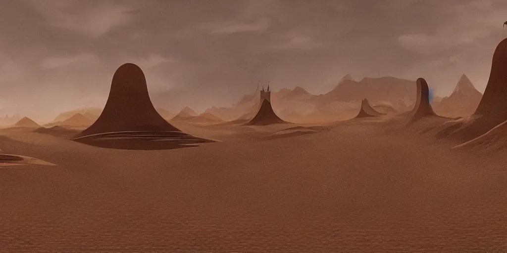 Image similar to dune temples of arrakis, from frank herbert novels, composition idea concept art for movies, style of denis villeneuve and greg fraiser