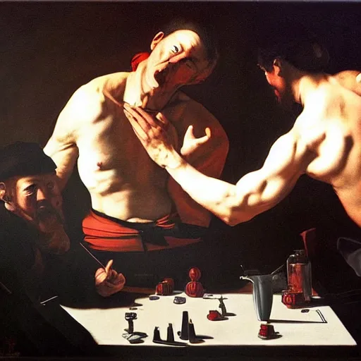 Prompt: the last gamble by caravaggio, oil on canvas, hdr, high detail, photo realistic, intricate, five star ratin, hyperrealism, matte finish, high contrast, 3 d depth, centered, masterpiece, vivid and vibrant colors, enhanced light effect, enhanced eye detail, artstationhd