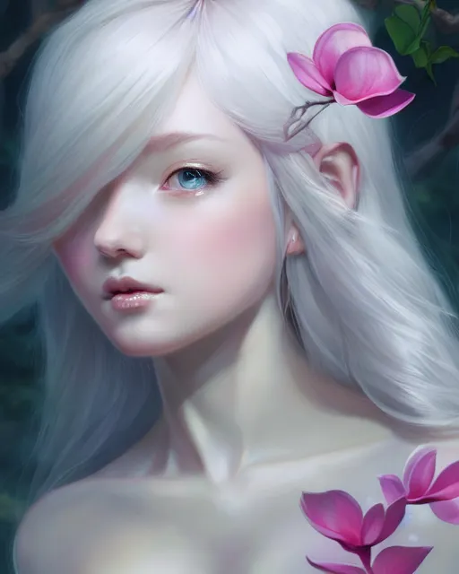 Prompt: character concept art of a goddess of magnolias as angelic young female | | seductive - fine - face, pretty face, key visual, realistic shaded perfect face, fine details by stanley artgerm lau, wlop, rossdraws, james jean, andrei riabovitchev, marc simonetti, and sakimichan, trending on artstation