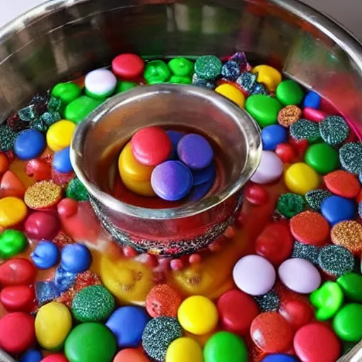 Prompt: A candy-maker melts down her creations in a cauldron that is made up of different types of sweets. It looks like an old-fashioned cauldron made out of sugar, candy, gumdrops, and other sweet treats. In the center, there is a large crystal ball floating above it with various kinds of candies on top of it. The candies move around the ball. A small hole at the bottom lets steam escape from the cauldron.