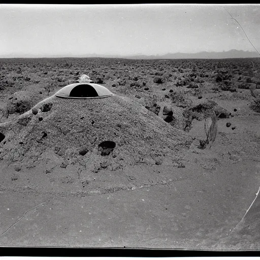 Image similar to tintype, wide view, desert ufo crash site, scientists studying captured alien octopus