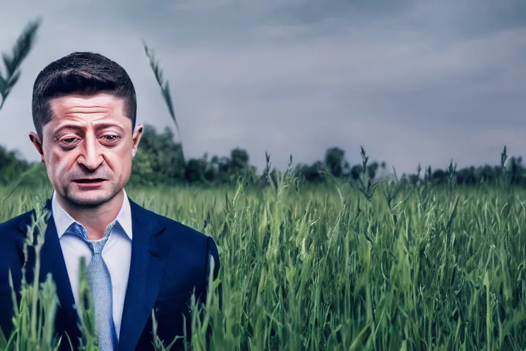Prompt: a highly detailed cinematic headshot portrait photograph of a crying president zelensky stood in a field, zelensky is crying big yellow and big blue tears, golden hour, ultra realistic, depth, beautiful lighting, by annie leibovitz, hasselblad, 1 0 0 mm, bokeh, photorealistic, hyperrealistic, octane, masterpiece