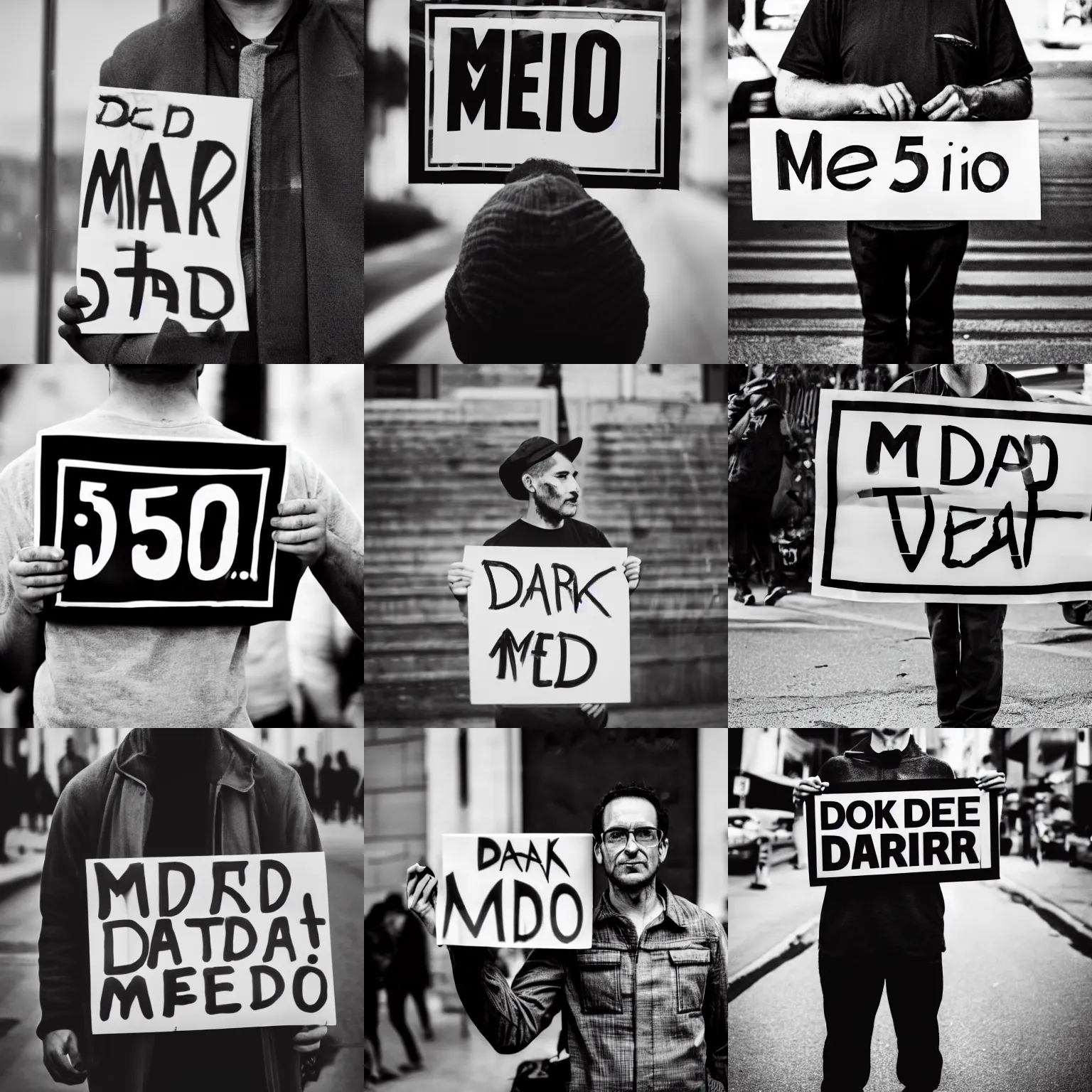 Prompt: man holding sign saying medo 5, dark, black and white photo