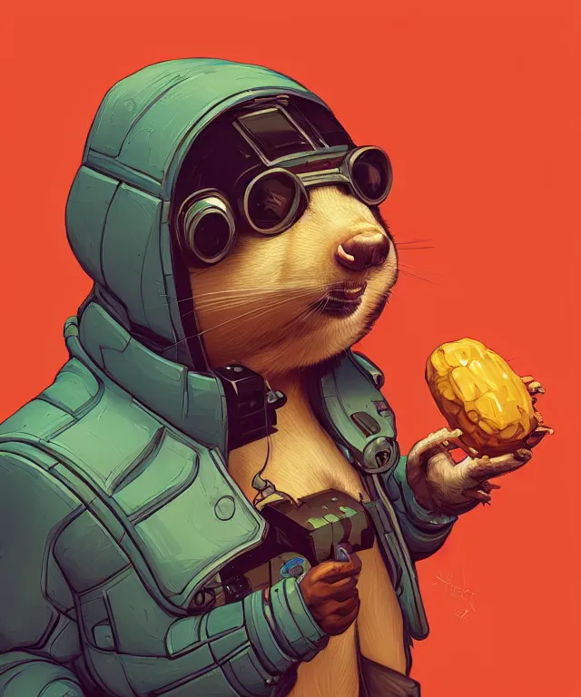 Image similar to a portrait of an anthropomorphic cyberpunk chipmunk holding a gigantic peanut, cyberpunk!, fantasy, elegant, digital painting, artstation, concept art, matte, sharp focus, illustration, art by josan gonzalez