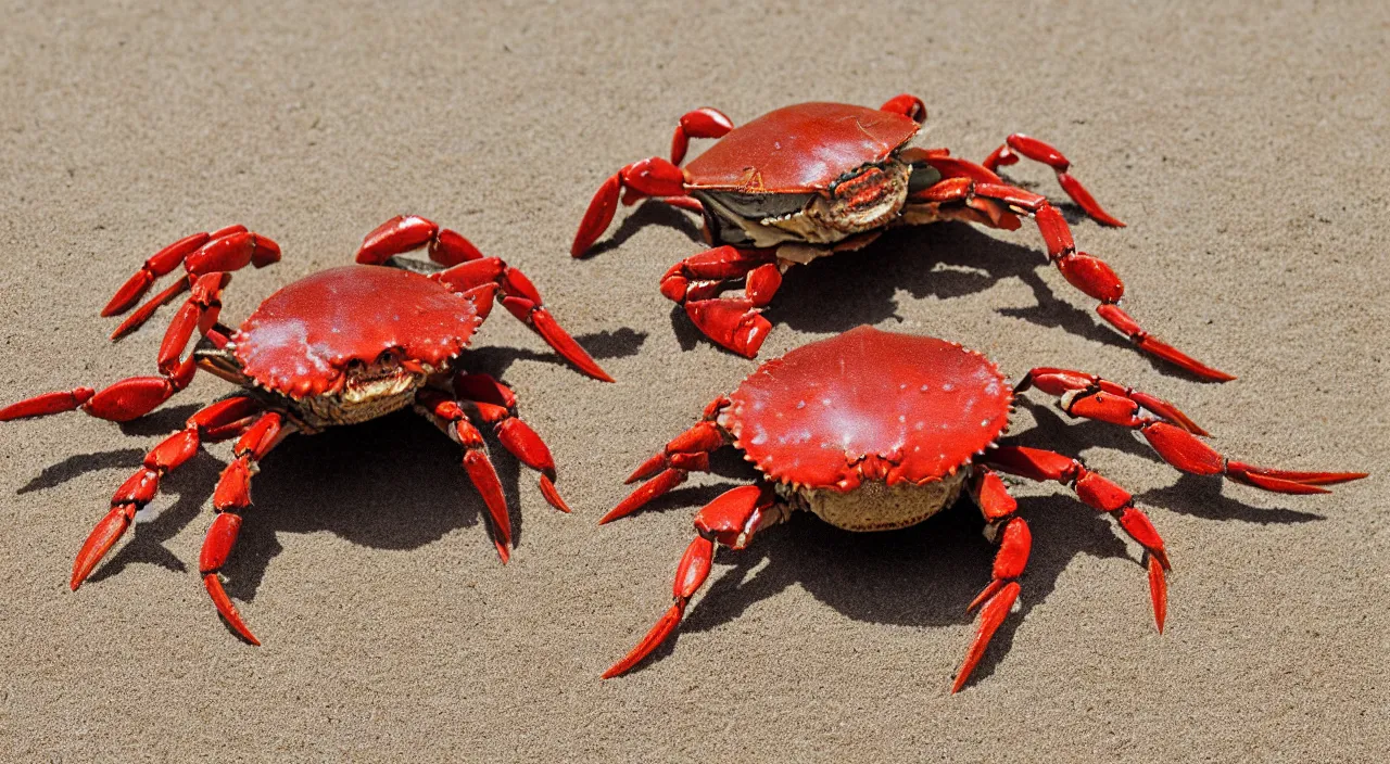 Image similar to a realistic image of a crab with a hat on it's head, ultra high detail, the crab is on sand on a beach with ocean in the background, 8 k.