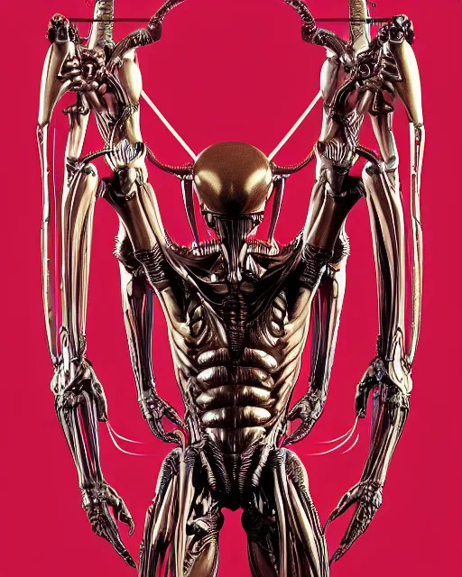 Prompt: full profile of evangelion xenomorph as vitruvian man by james jean and moebius, biomechanical, ultra wide angle, full body, no crop, golden ratio, ultra details, in the style of shusei nagaoka