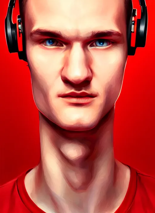 Image similar to portrait of vitalik buterin with hazel eyes, hazel colored eyes, red shirt, headphones, intricate, elegant, glowing lights, highly detailed, digital painting, artstation, concept art, smooth, sharp focus, illustration, art by wlop, mars ravelo and greg rutkowski