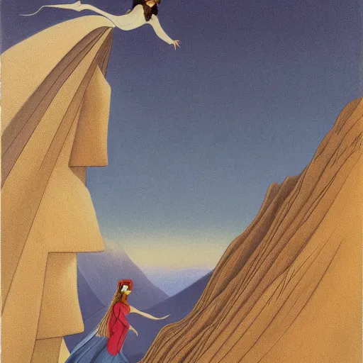 Prompt: Beautiful woman with long brown hair and a flowing dress standing on the ledge of a mountain, micheal parkes —H 768