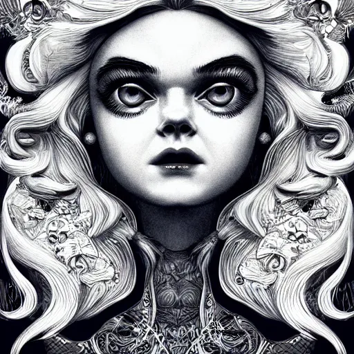 Prompt: professional painting of Elle Fanning in the style of Joe Fenton, head and shoulders portrait, symmetrical facial features, smooth, sharp focus, illustration, intricate, stormy weather, extremely detailed masterpiece,