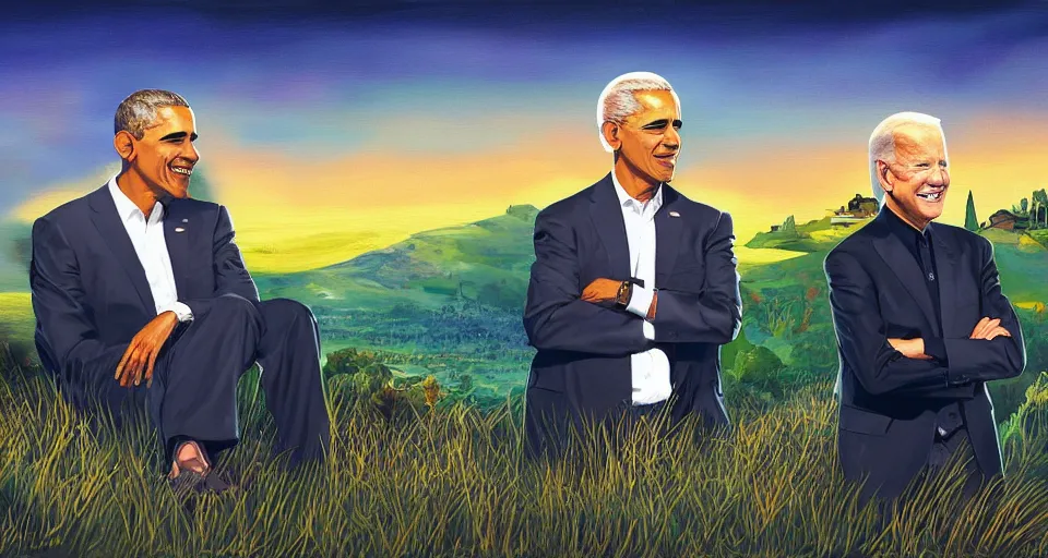 Image similar to a painting of Obama and Joe biden on a hill, a screenshot by Zack Snyder, behance contest winner, afrofuturism, concert poster, behance hd, movie poster,