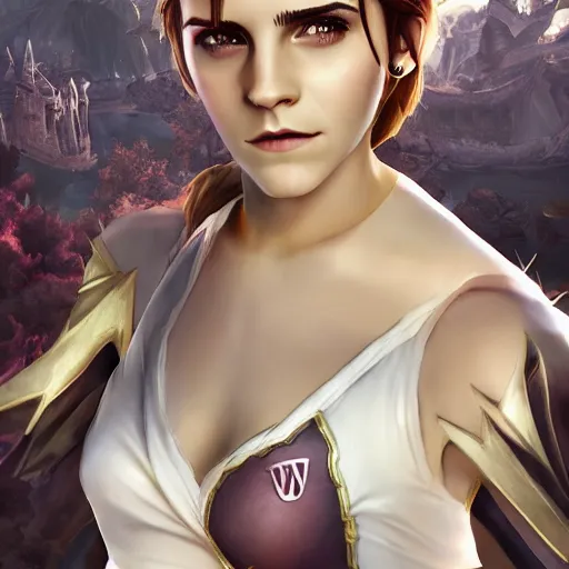 Image similar to Emma Watson as a legend in League of Legends. 3D Render