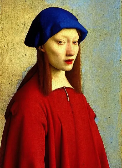 Image similar to red hat, medieval painting by jan van eyck, johannes vermeer