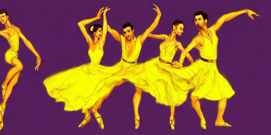 Image similar to Cubans Dancers Dancing Gesture draw by Stanley Artgerm Lau, Gesture draw, Salsa Social Dance, couple, lady using yellow dress, guy using purple light fancy suit, Salsa tricks, WLOP, Rossdraws, Gesture draw, James Jean, Andrei Riabovitchev, Marc Simonetti, and Sakimichan, trending on artstation