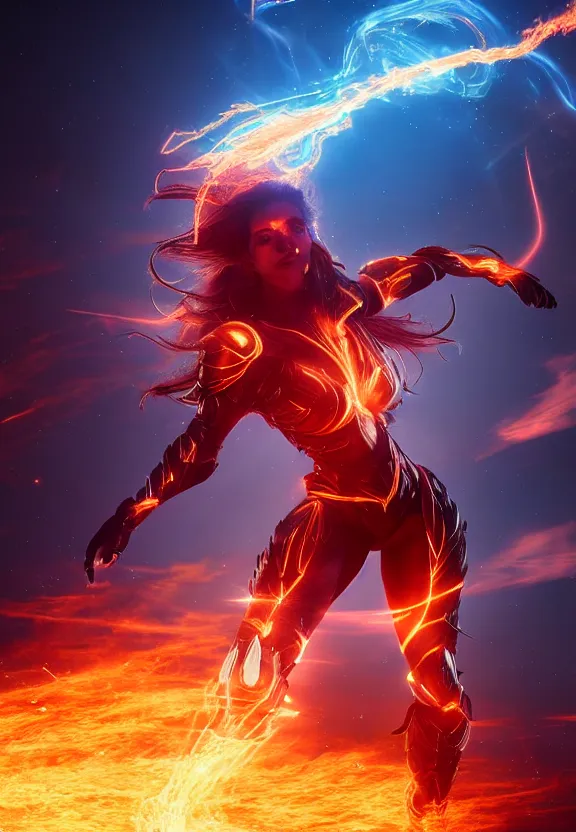 Image similar to vfx, octane render, zbrush, beautiful woman wearing spandex armour with flowing fire hair and glowing eyes, super hero full body action pose casting a fireball in space, volumetric lightning, highly detailed, UE5 render, art station, center of picture.