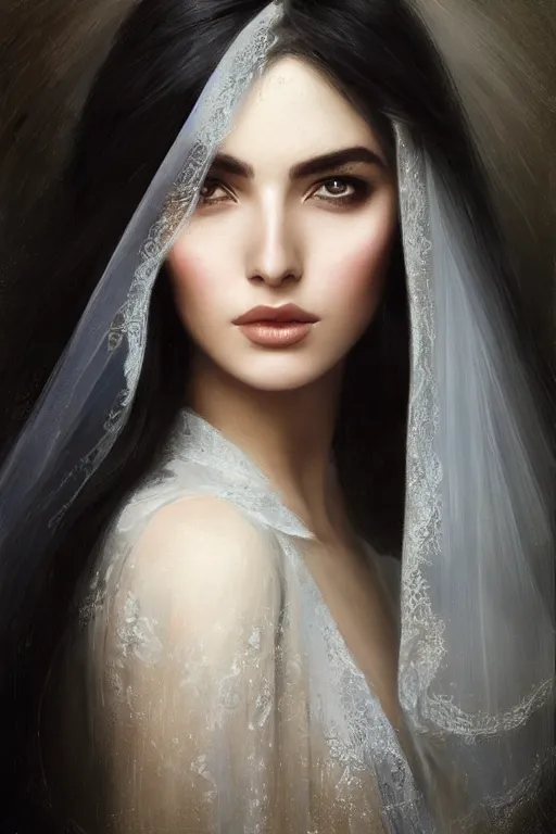 Image similar to Ameera al-Taweel, blue eyes, long wavy black hair, white veil, closeup, focus face, elegant, highly detailed, centered, oil painting, artstation, concept art by tom bagshaw