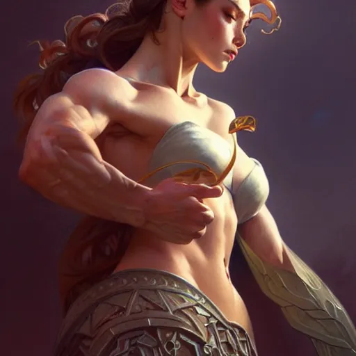 Image similar to , muscular upper body, D&D, fantasy, intricate, elegant, highly detailed, digital painting, artstation, concept art, smooth, sharp focus, illustration, art by artgerm and greg rutkowski and alphonse mucha