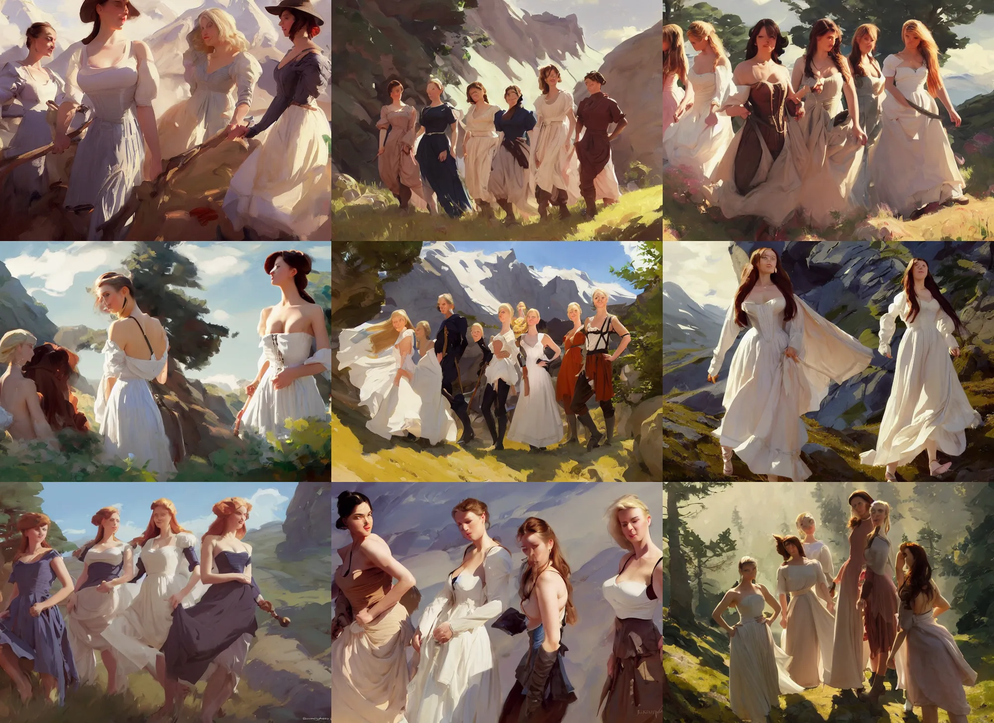 Image similar to five of beautiful finnish norwegian swedish scandinavian attractive glamour models wearing 1 7 th century bodice with low neckline walking in the mountains in a sunny day, jodhpurs greg manchess painting by sargent and leyendecker, studio ghibli fantasy close - up shot asymmetrical intricate elegant matte painting illustration hearthstone, by greg rutkowski by greg tocchini by james gilleard